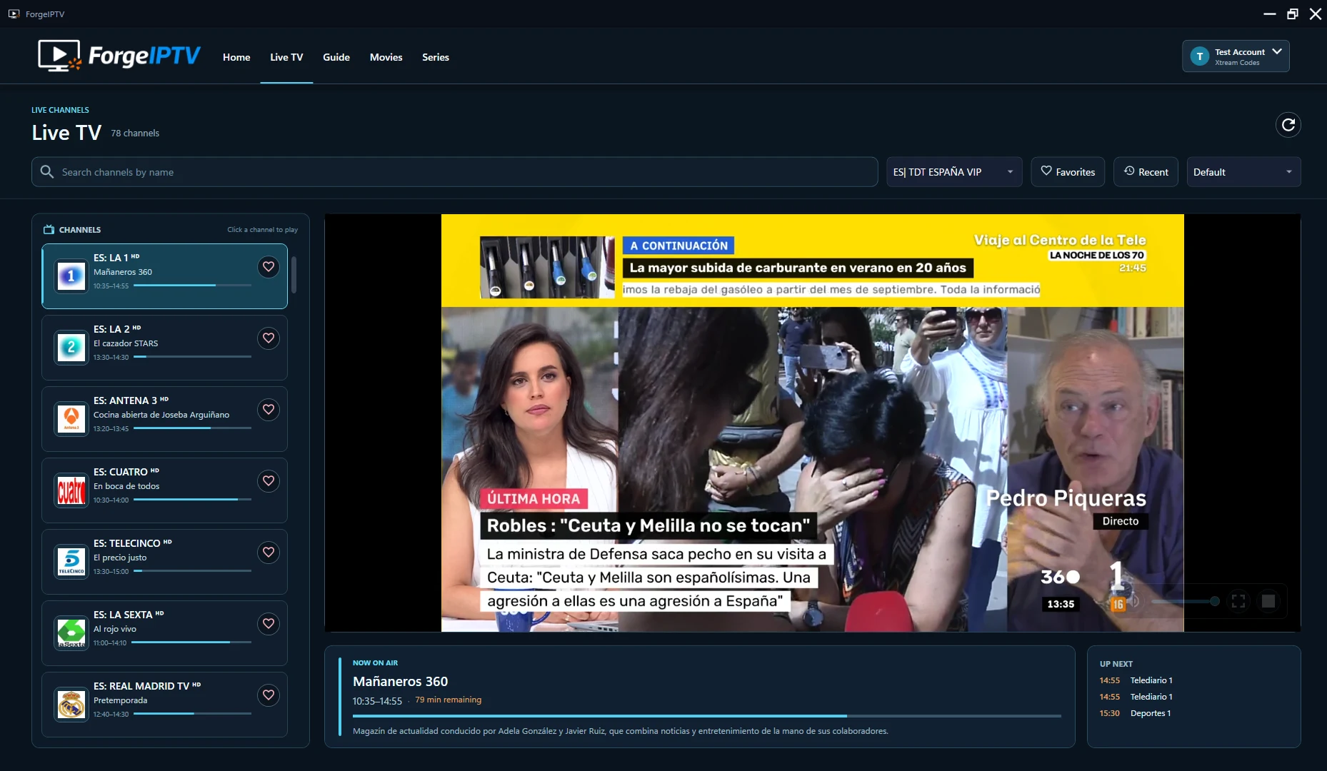 ForgeIPTV Live TV screen with channel list and video playback
