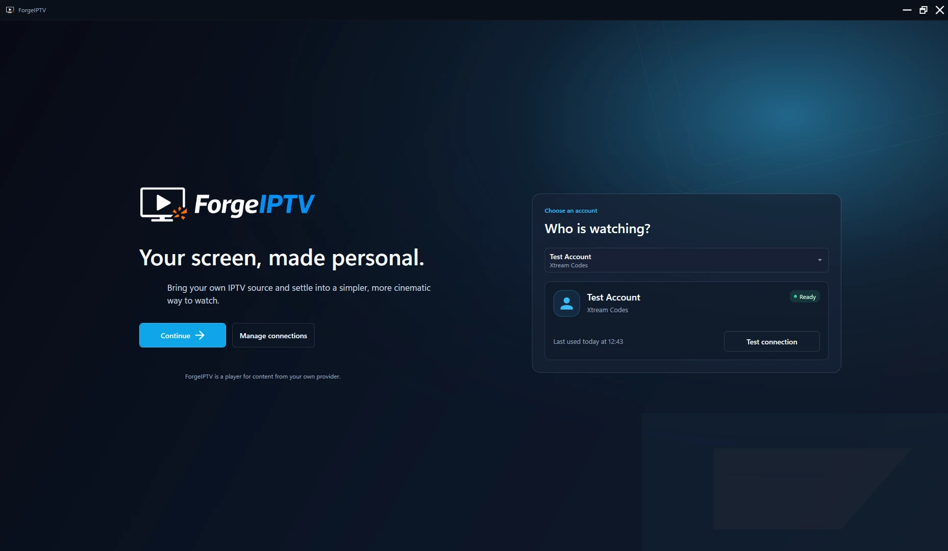 ForgeIPTV account selection and connection screen