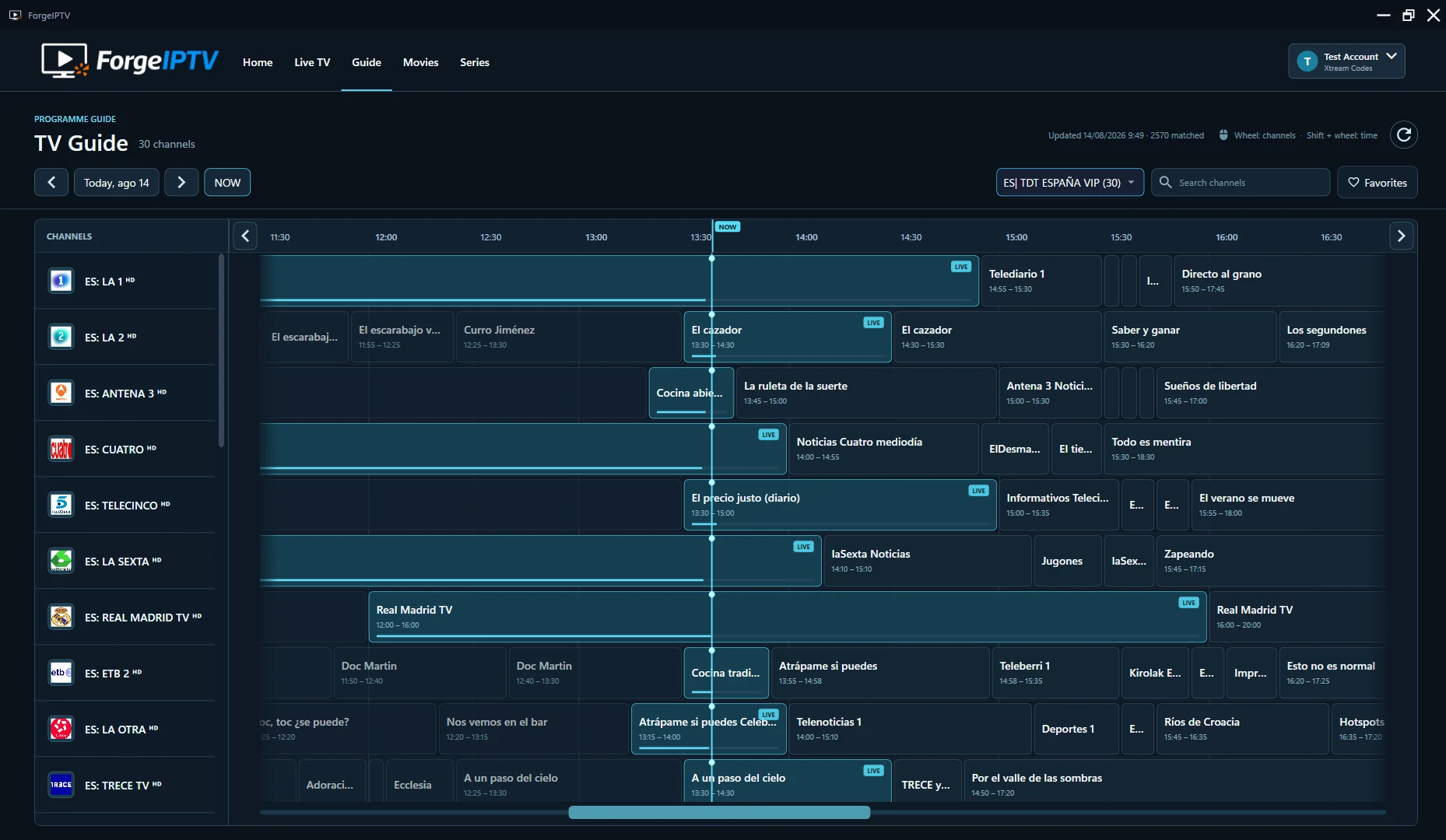 ForgeIPTV TV Guide with channels and programme timeline