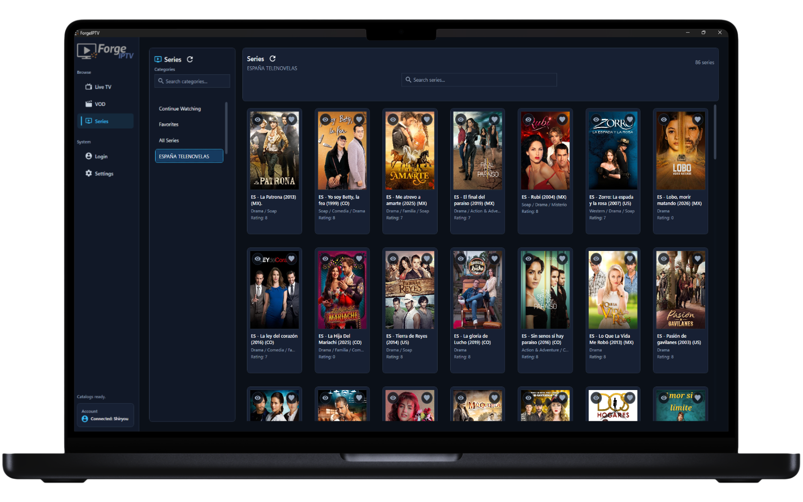 ForgeIPTV Windows app preview showing an IPTV library interface