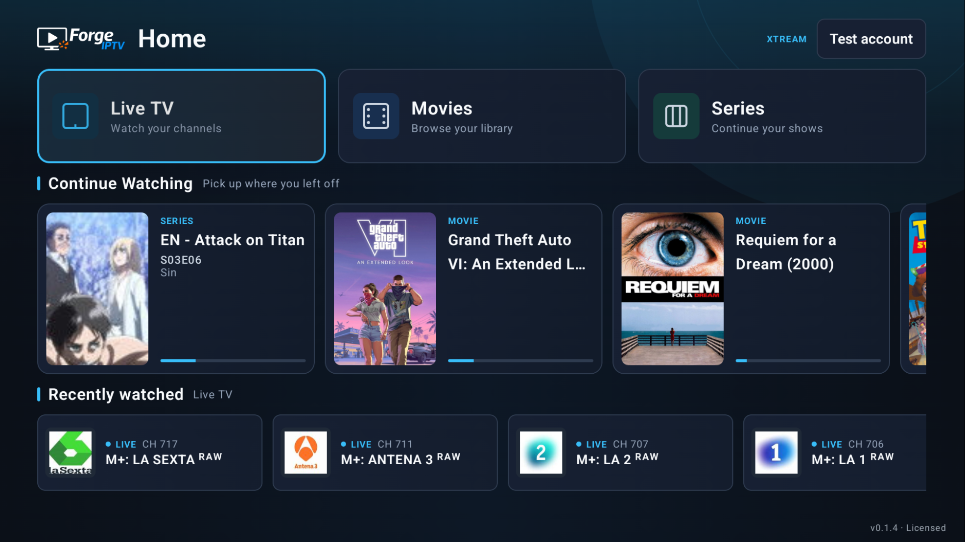 Real ForgeIPTV Android TV home screen with remote focus on Live TV and Continue Watching
