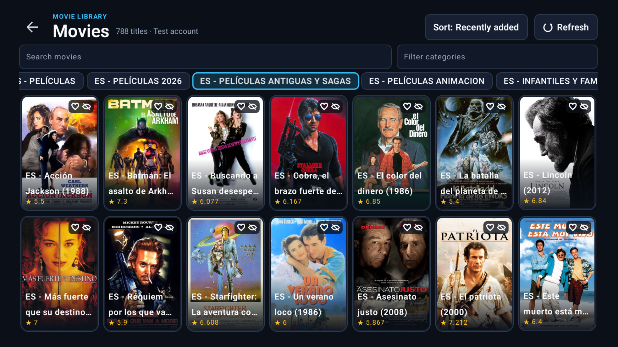 ForgeIPTV Android TV movie library with category focus, poster cards and favorites controls