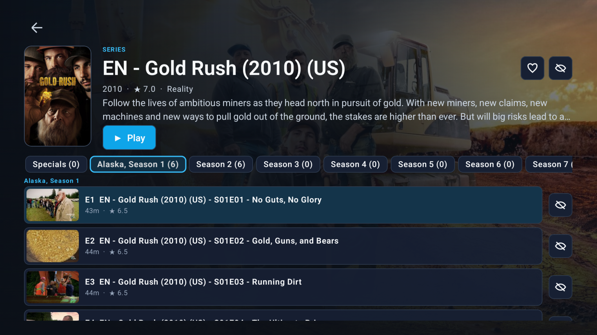 ForgeIPTV Android TV series details with seasons, episode list and visible remote focus